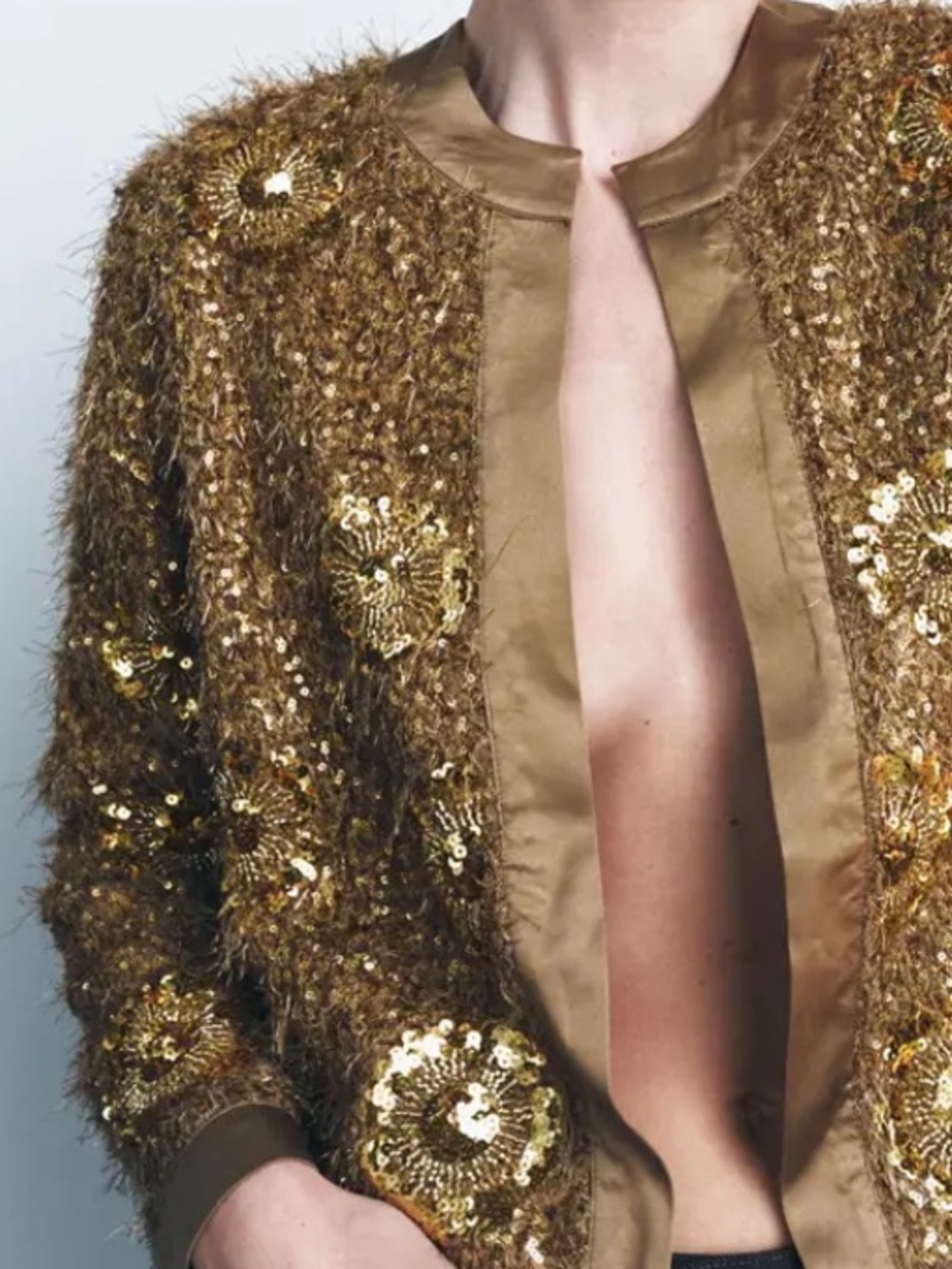 ZARA Brown Gold Fur Sequin Beaded Collarless Jacket